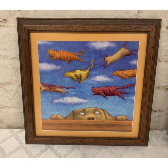 Cathy Gendron Whimsical Dog Cat Fish Framed Art 15" x 15" - Picture 2 of 7
